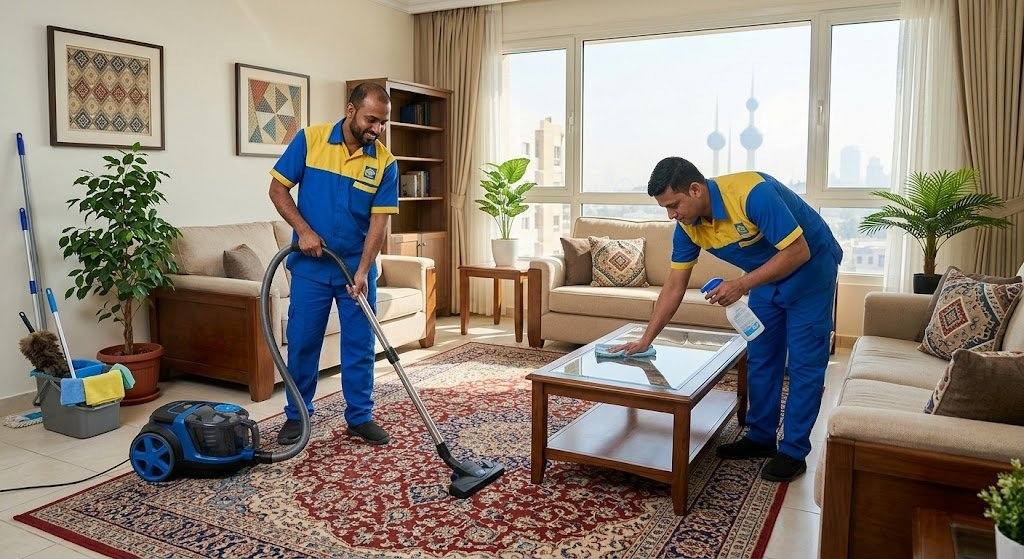 فريق عمل محترف يقوم بتنظيف وتعقيم المنزل بعناية ضمن خدمات تنظيف منازل السرة الكويت لضمان بيئة نظيفة وصحية وتوفير تجربة مريحة وسريعة.