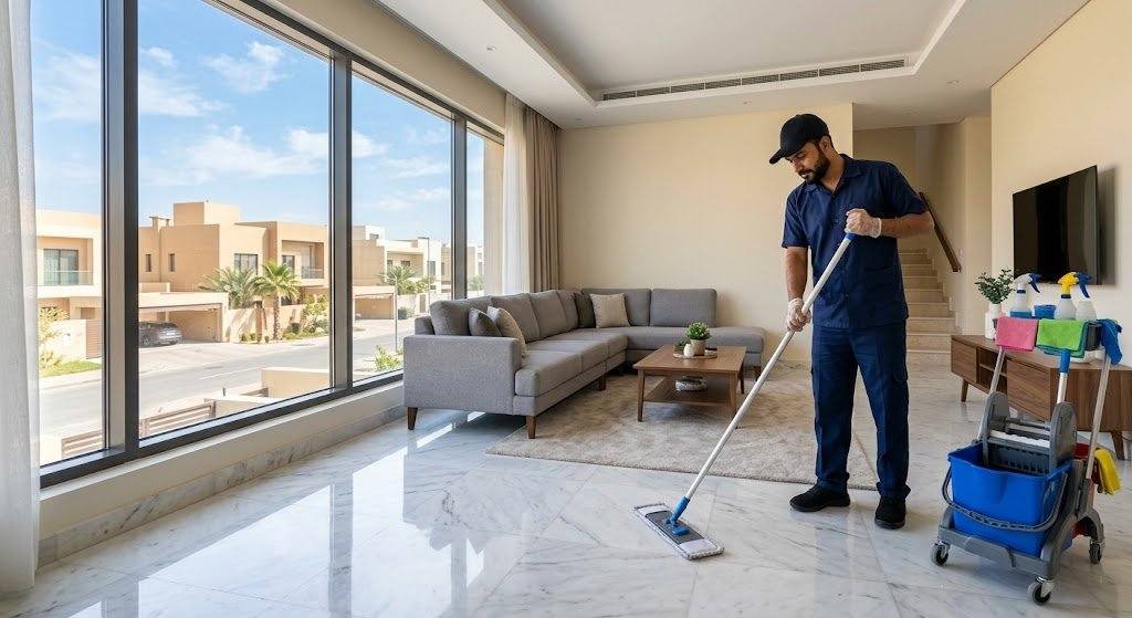 فريق عمل محترف يقوم بتنظيف وتعقيم الفلل والشقق بعناية ضمن خدمات تنظيف منازل جابر الاحمد بالكويت لضمان بيئة صحية ونظيفة.