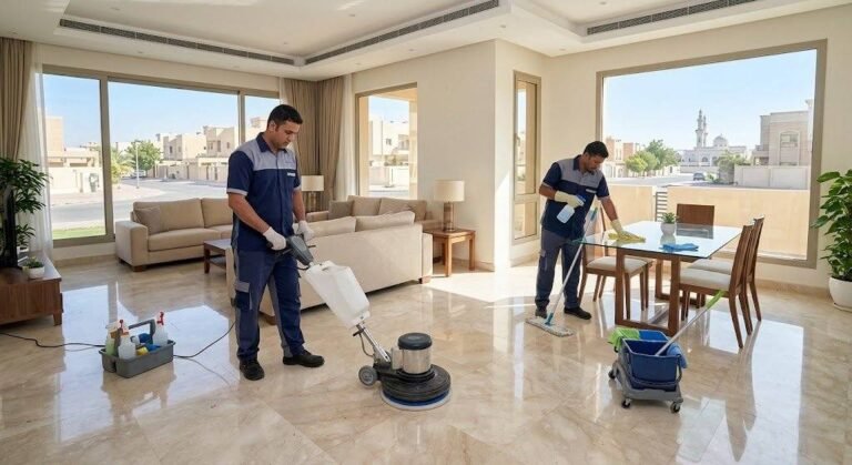 فريق عمل محترف يقوم بتنظيف وتعقيم الفلل والشقق بعناية ضمن خدمات تنظيف منازل سعد العبدالله بالكويت لضمان بيئة صحية ونظيفة.