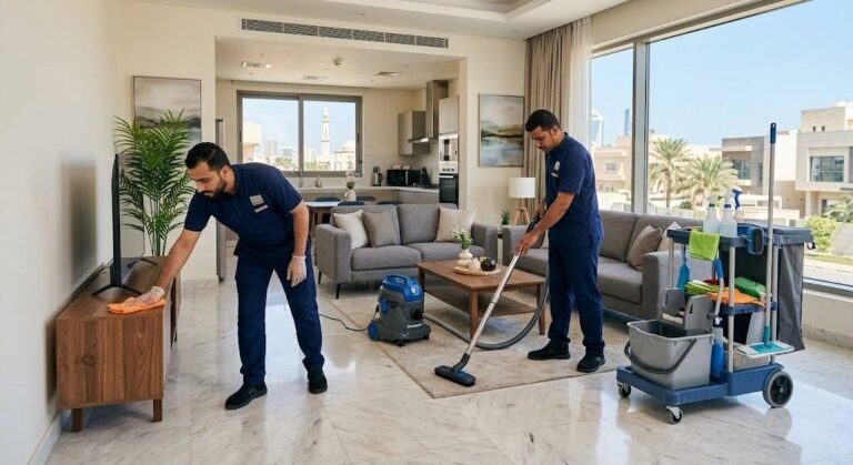 فريق عمل محترف يقوم بتنظيف وتعقيم الفلل والشقق بعناية ضمن خدمات تنظيف منازل جليب الشيوخ بالكويت لضمان بيئة صحية ونظيفة.