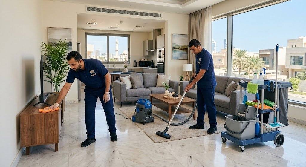 فريق عمل محترف يقوم بتنظيف وتعقيم الفلل والشقق بعناية ضمن خدمات تنظيف منازل جليب الشيوخ بالكويت لضمان بيئة صحية ونظيفة.