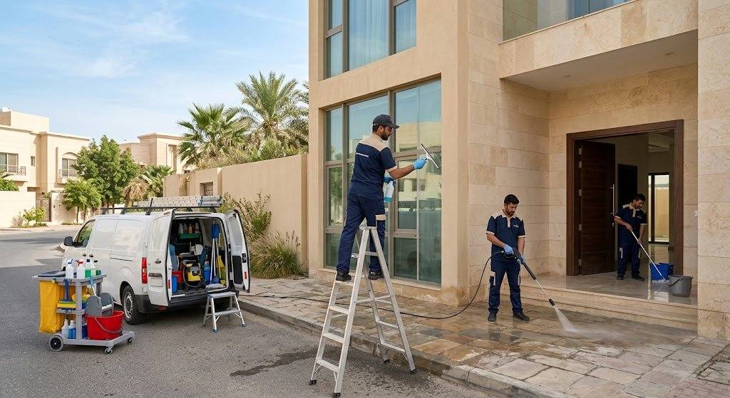 فريق عمل محترف يقوم بتنظيف وتعقيم الفلل والشقق بعناية ضمن خدمات تنظيف منازل القادسية بالكويت لضمان بيئة صحية ونظيفة.