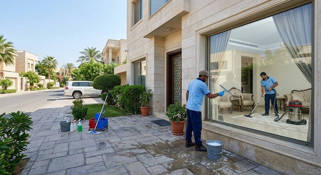 فريق عمل محترف يقوم بتنظيف وتعقيم المنزل بعناية ضمن خدمات تنظيف منازل الرميثية الكويت لضمان بيئة نظيفة وصحية وتوفير تجربة مريحة وسريعة.