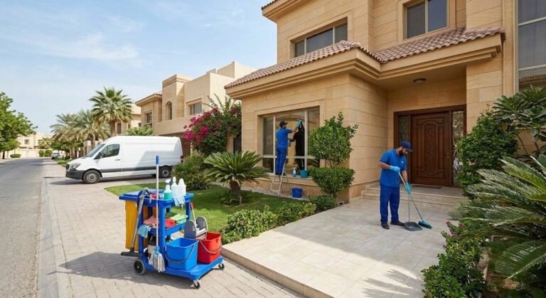 فريق عمل محترف يقوم بتنظيف وتعقيم الفلل والشقق بعناية ضمن خدمات تنظيف منازل السلام بالكويت لضمان بيئة صحية ونظيفة.